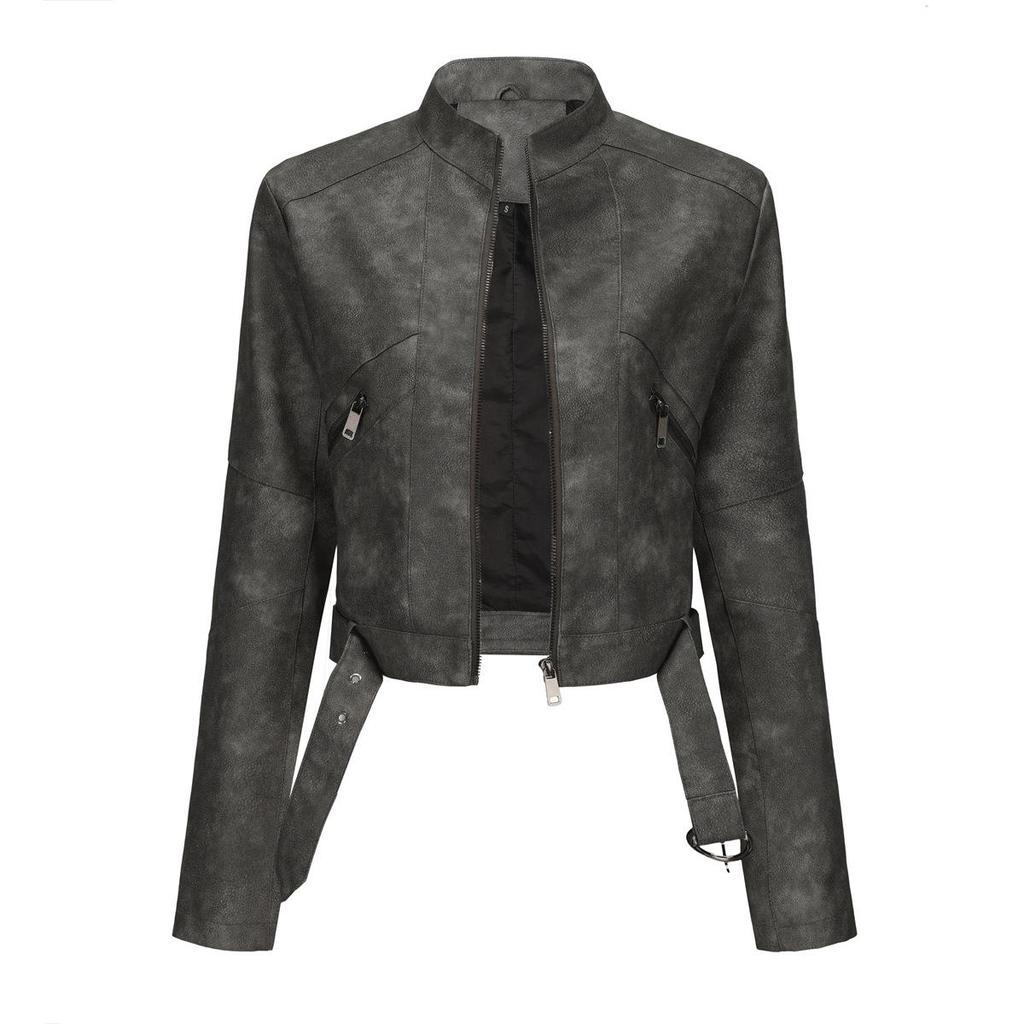 Giacca in pelle PU con cerniera aderente a maniche lunghe con colletto a revers da donna autunno inverno