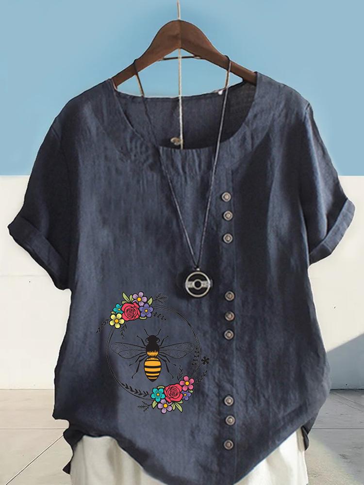 Women's Fashion Bee Flowers Print Shot Sleeve T-shirt Loose Cotton Shirt Casual Loose Summer Blouse Tops Plus Size