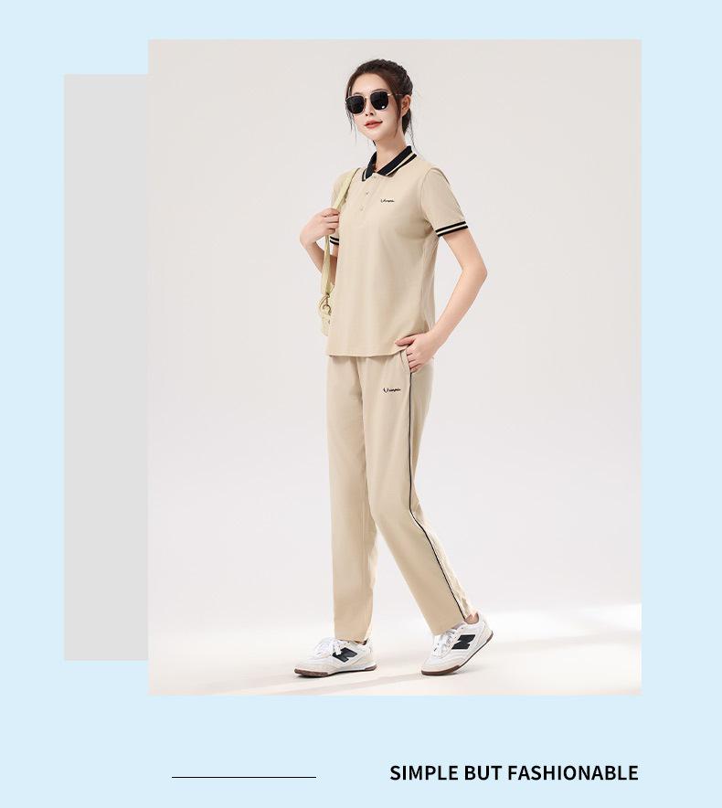Women's Summer Lapel Casual Sports Suit - Plus Size, Short Sleeve, Slimming Two-Piece with Long Pants.