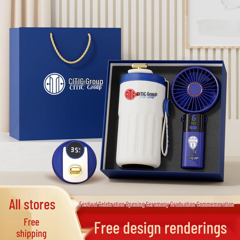 Digital Display Coffee Cup & Handheld Fan Business Gift Set for Leaders & Colleagues - Customizable with Logo