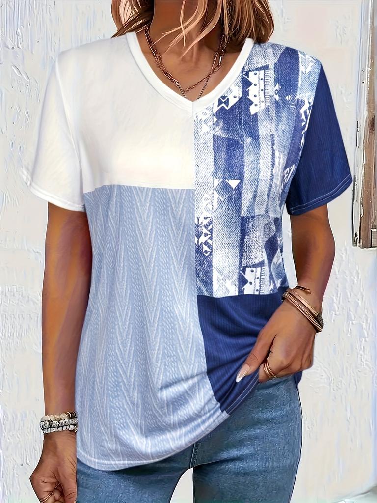 New plus-size printed short-sleeve T-shirt for women, casual V-neck, loose, comfortable, versatile top