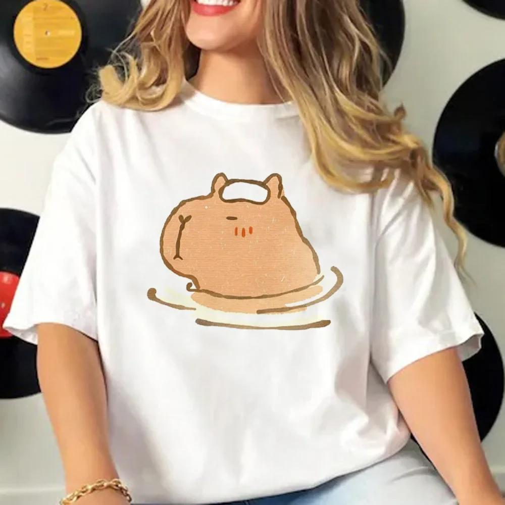 Summer Round Neck Cartoon Capybara Pattern Printed Top Fashionable Casual Pure Cotton Short Sleeved Women's T-shirts
