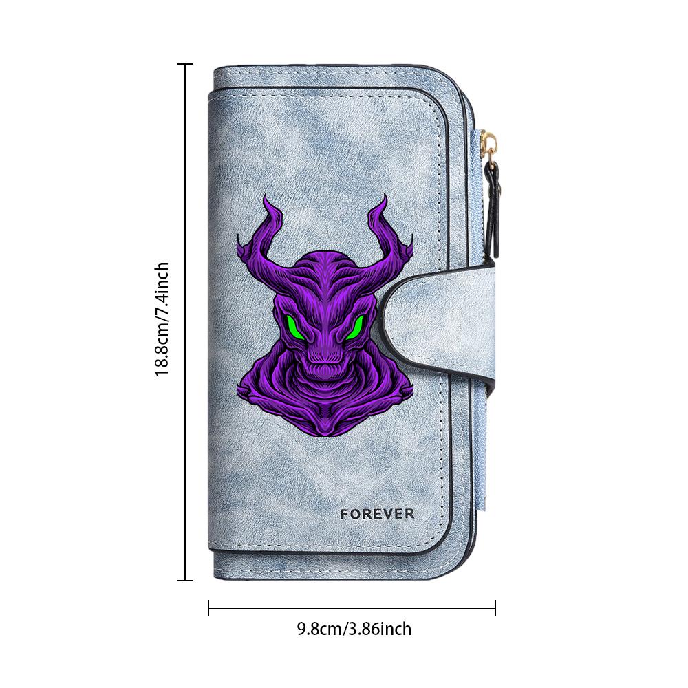 Gothic Purple Demon Pattern Long Wallet Cool Multislot Casual Card Holder Fashion Zipper Purse