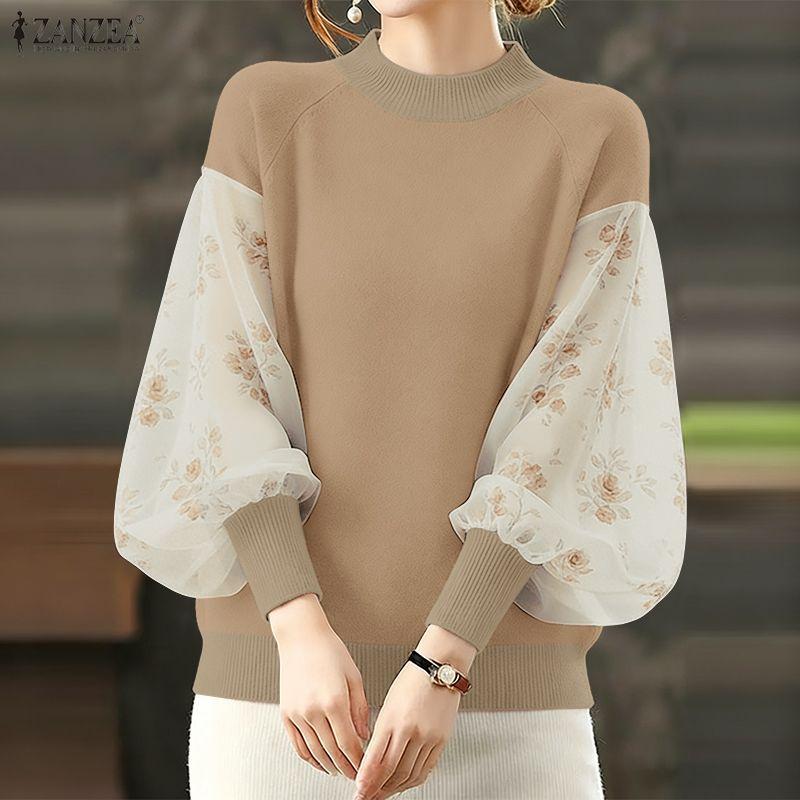 ZANZEA Women Casual Round Neck Splice Long Sleeve Loose Blouse