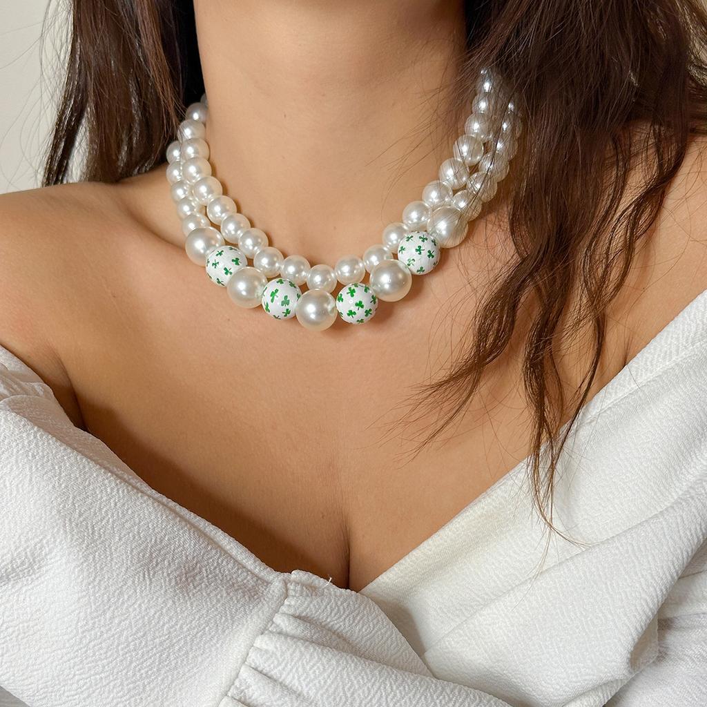 Green Element Necklace, Personalized Color Beaded Imitation Pearl Love Valentine'S Neck