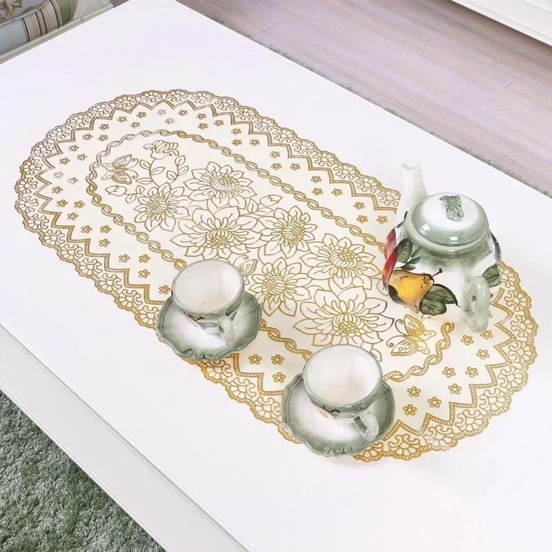 Vintage Lace Embroidered Oval Tablecloth for Wedding Party Home Tea Table Mats Kitchen Decoration Waterproof PVC Desk Cloth
