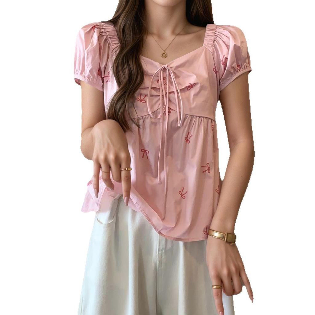 Dam Casual Sommar Topp med Rosettryck Snörning Slimmande Kort Puffärm Kortärmad Skjorta