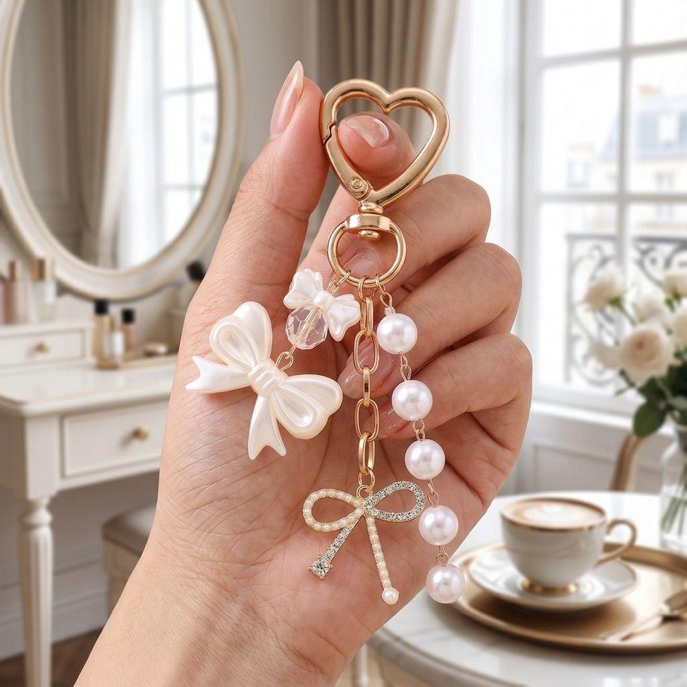 DIY Rhinestone Pendant Zinc Zinc Alloy Bag Charm Trendy Pearl Bow Keychain  Bag Ornament