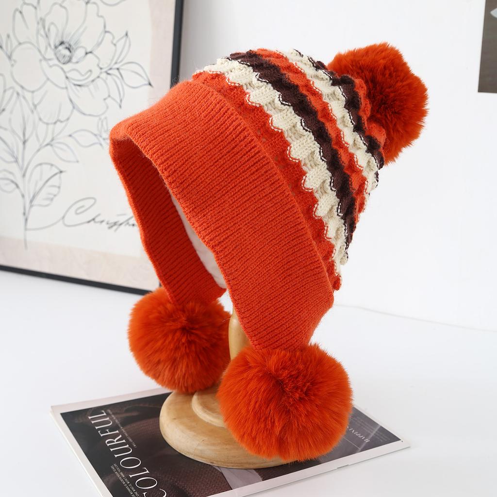 New Jacquard Wool Hat Women's Autumn and Winter Ear Protection Warm Cold Hat Cute Hairball Knitted Hat Big Head Circumference