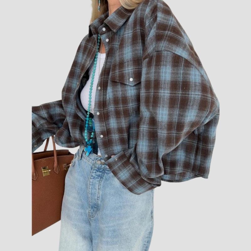 Women's Retro Plaid Long Sleeve Loose Lapel Shirt for Spring and Autumn
