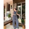 Kumikumi Retro Set Stripe Fake Two Pieces Halter Top Women Summer Drape Drawstring Casual Pants Two-piece Set