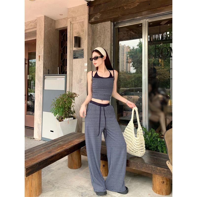 Kumikumi Retro Set Stripe Fake Two Pieces Halter Top Women Summer Drape Drawstring Casual Pants Two-piece Set