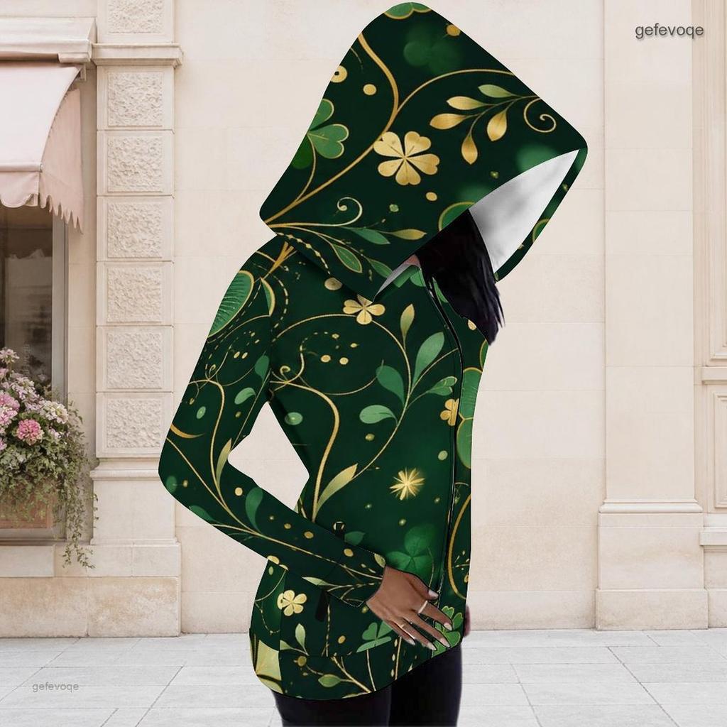 Women Plus Size Asymmetric Cutout Neck Cold Shoulder Long Sleeve Fitted Top Dark Green Golden Clover Printed