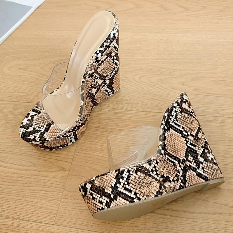 Liyke PVC Transparent Shoes For Women Wedges Slippers Summer Fashion Open Toe Snake Print Platform High Heels Sandals Female