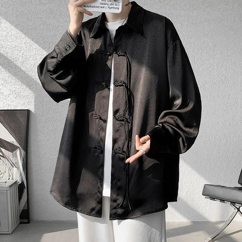 Men's Black Jacquard Shirt with Chinese Pan Kou Design - High-End Unisex Stand Collar