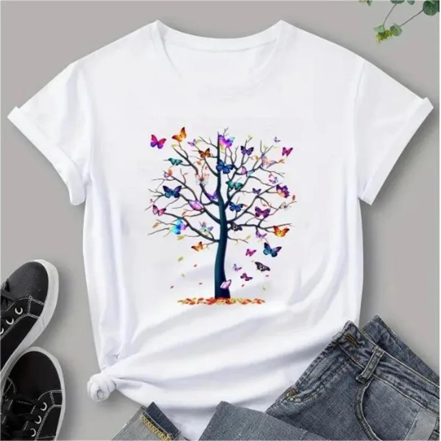 

Colorful Butterfly Tree Pattern Printed T-shirt Cotton High Quality Summer Women s T-shirt O-Neck Loose Vintage Short Sleeve XXXXXL білий
