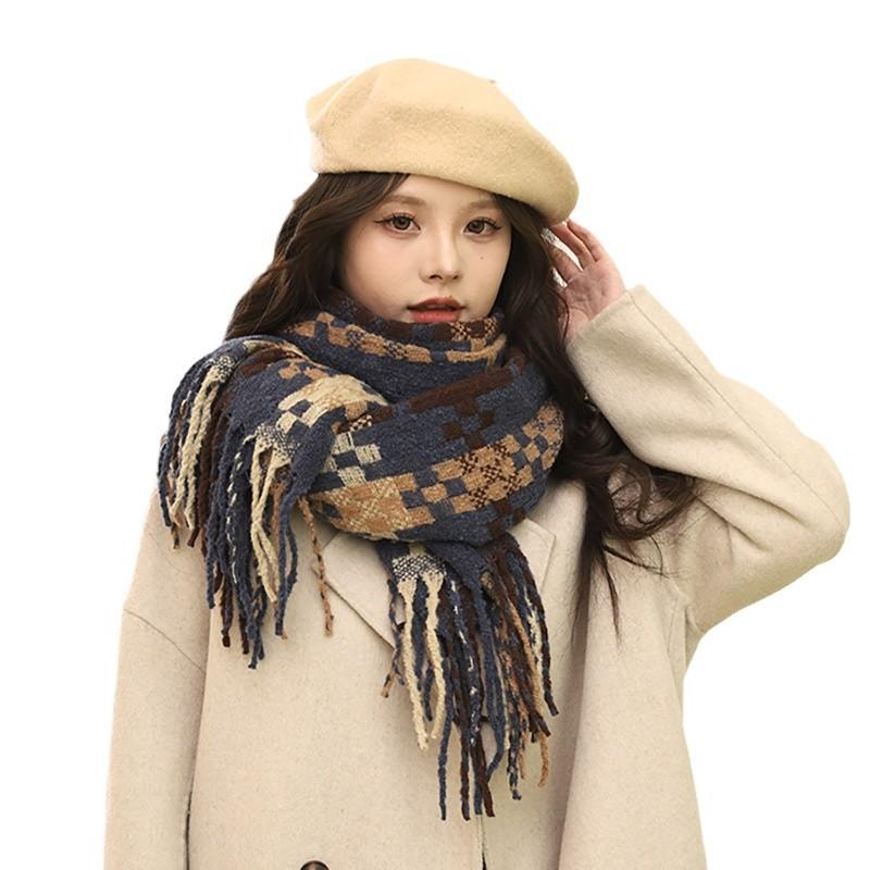 2024 New Autumn And Winter Atmosphere Plaid Fringe Warm Scarf For Couples, Thick Long Scarf Gift