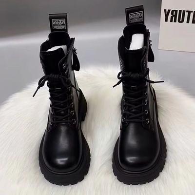 Schwarze High-Top British Martin Stiefel für Damen 2025 Herbst und Winter neu hinterer Reißverschluss dicksohlige hochpassende verdickte kurze Stiefel