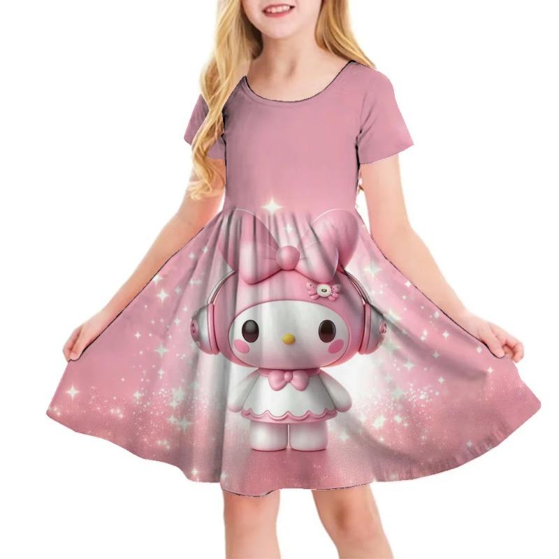 3D Printed Sanrio Hello Kitty Fashion Cartoon Pattern Cute Short Sleeved Dress Cosplay Youth