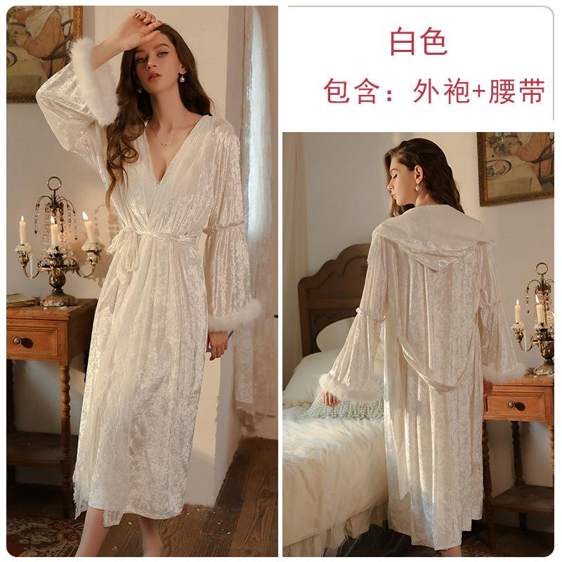 Sexy Women's Pajamas Deep V Plus Chest Pad Thermal Velvet Nightdress Hooded Robe Loungewear Set