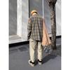 Unisex Retro Plaid Color Block Loose Long Sleeve Shirt with Raw Hem