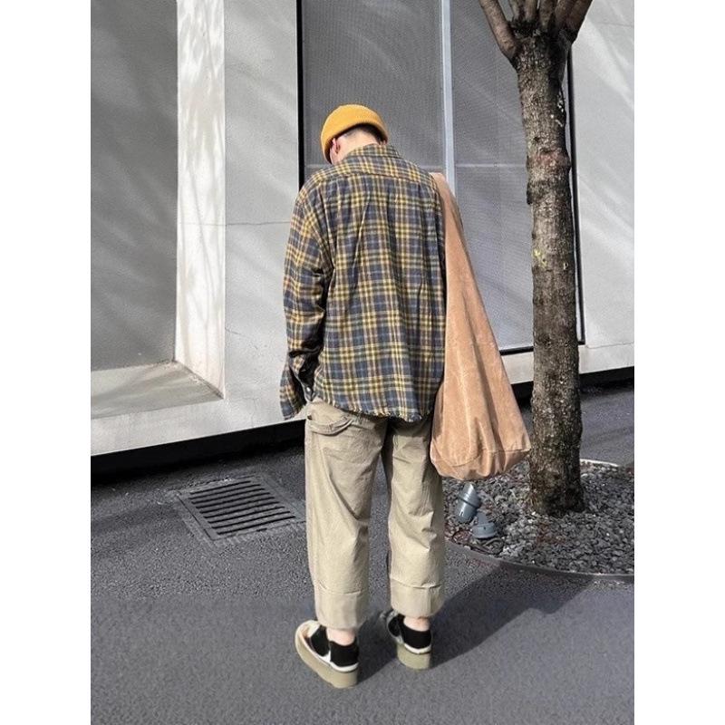 Unisex Retro Plaid Color Block Loose Long Sleeve Shirt with Raw Hem