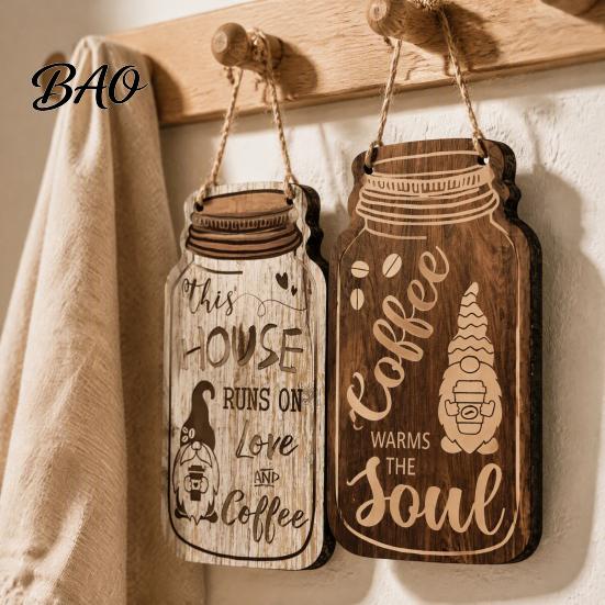 Coffee Theme Wall Hanging 4Pcs Bar Wooden Sign, Farmhouse Rustic Mason Jar Shaped Art Decoration, Plaque for Cafe Kitchen Dining Room Sign