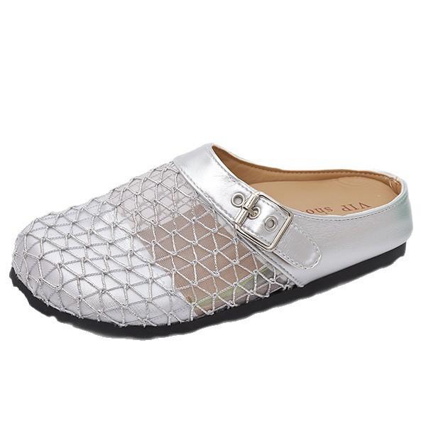 One pedal bag head half slippers women's woven new mesh breathable summer wear lazy half slippers flat bottom