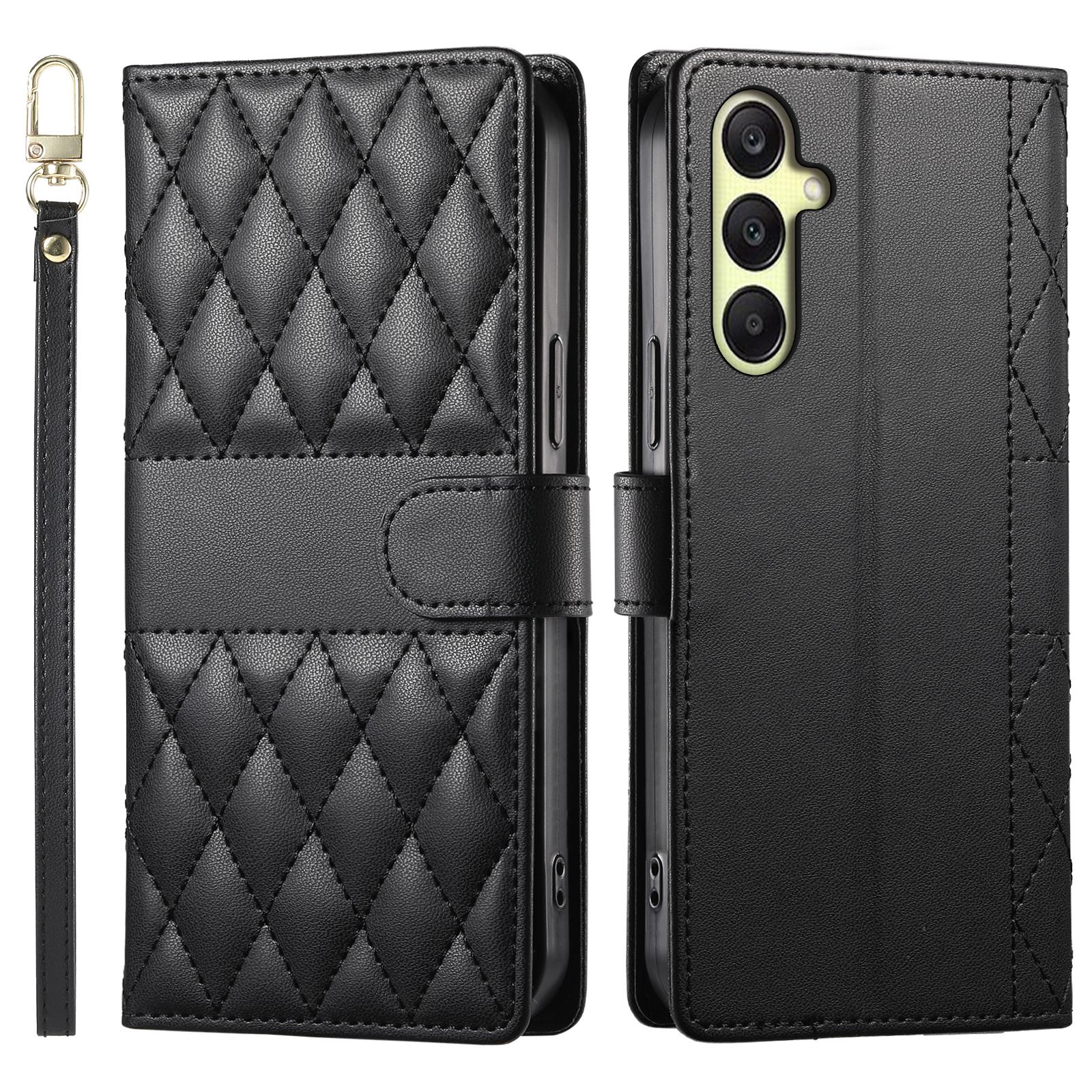 

For Samsung Galaxy A26 5G Case Rhombus Stitching Wallet Stand Leather Phone Cover with Long/Short Strap Black