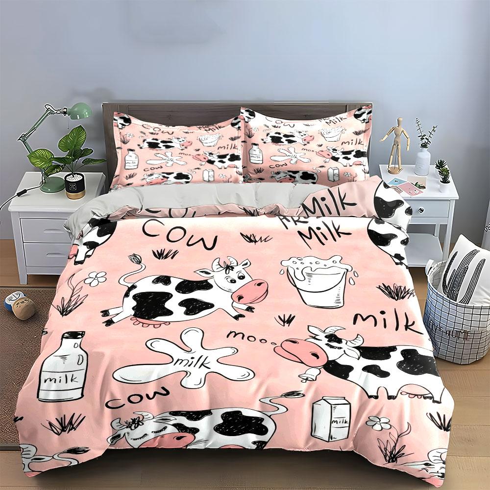 Cute Cow Milk Cartoon Pattern Bedding Duvet Cover Set (1*Duvet Cover 2*Pillowcases, without duvet insert)