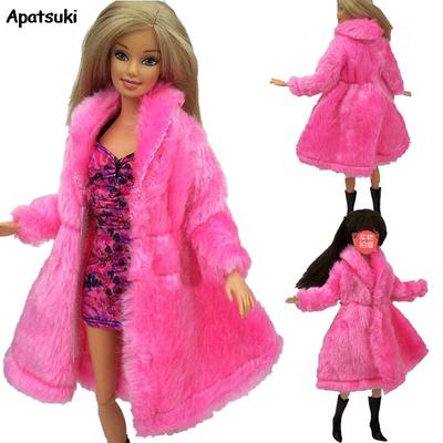 PINK Winter Long Fur Coat for Barbie Doll Outfits Clothing for 1/6 BJD Dollhouse Accessories Fashion Doll Clothes for 1:6 Dolls