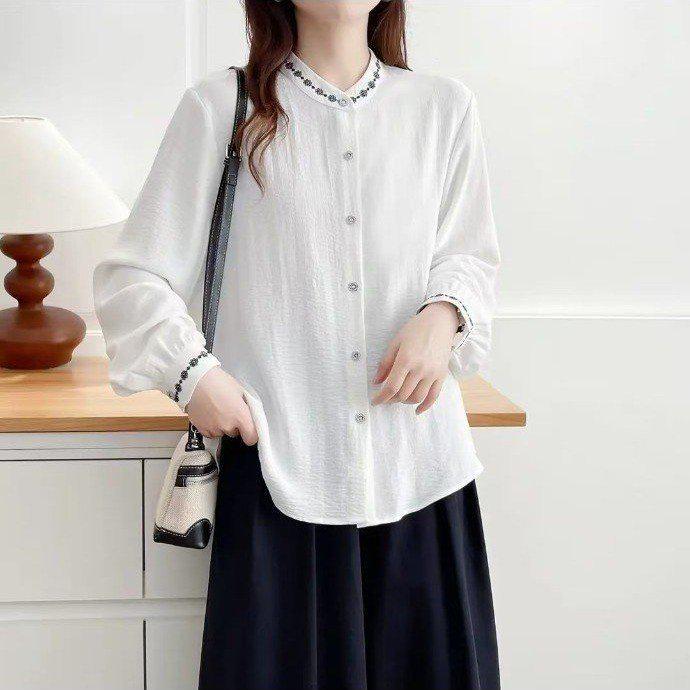 

2026 Spring Fashion: Elegant Solid Color Loose-Fit Age-Reducing Shirt 5XL (suitable for 150-165 jin) білий