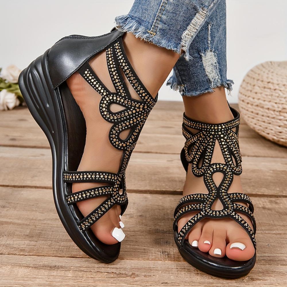 Sandales compensées décoratives à strass pour femmes, sandales décontractées à bout ouvert et design ajouré, sandales confortables à fermeture éclair arrière