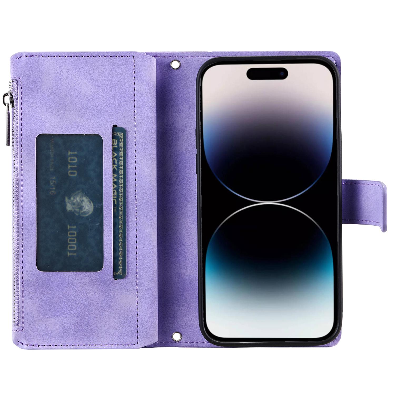 

006 For iPhone 16 Pro Case Mandala Flower Zipper Pocket Leather Phone Cover Blue