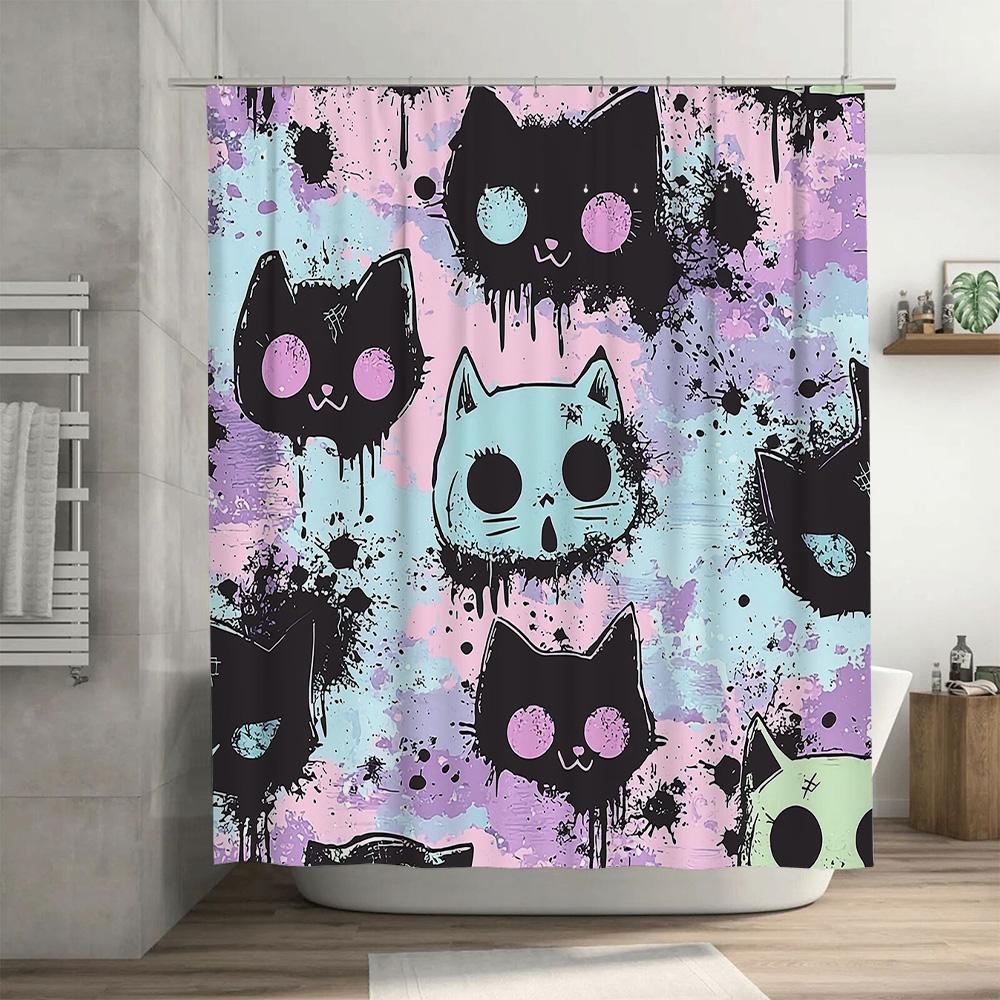 Modern Cat Print Shower Curtain Set: Cute Cartoon Pet Pattern Bath Decoration Black Pink Blue Green Home Decor Waterproof Shower