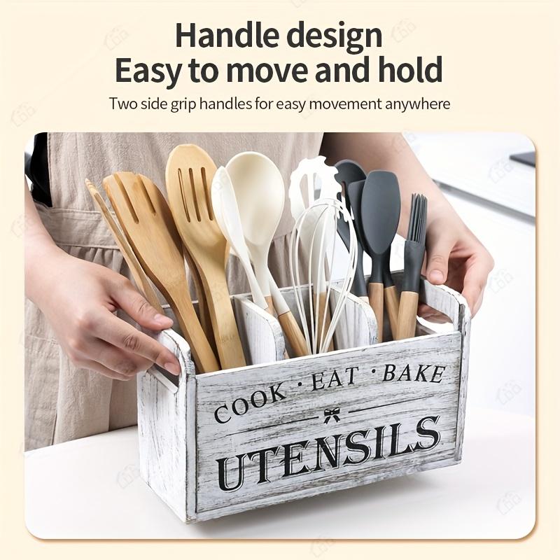 1pc Rustic Wooden Kitchen Utensil Holder - 3-Compartment Countertop & Wall-Mounted Organizer for Forks, More - Space-Saving