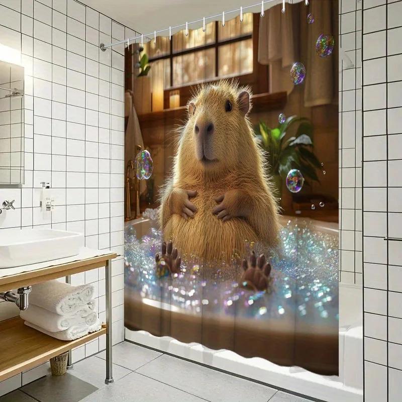 1pc Chubby Capybara Bathtub Shower Curtain - Hyper-Realistic CGI, Bubbles, Gentle Expression, , Polyester, Washable
