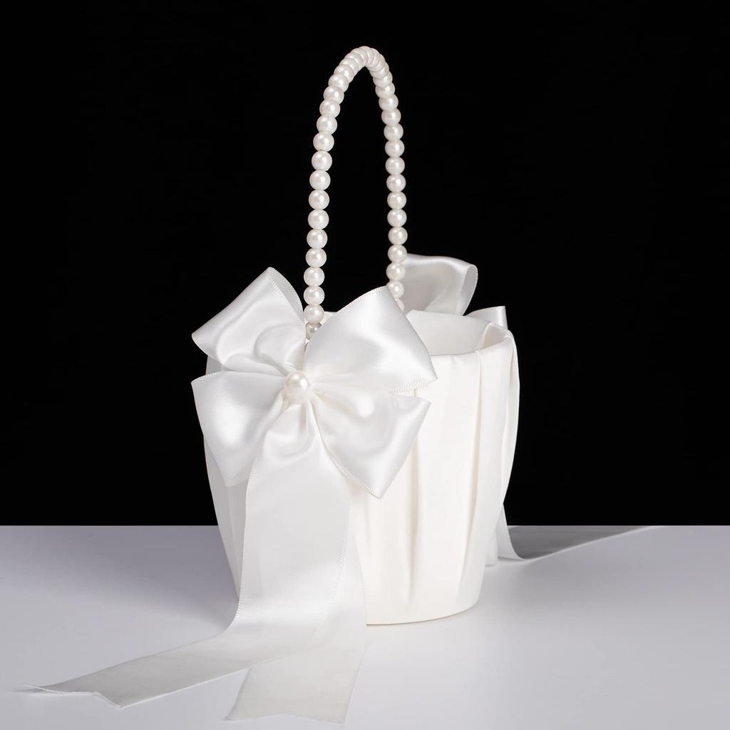 White Flower Basket Bow Faux Pearl Girls Wedding Flower Basket for Bride Kids Hand Held Wedding Ceremony Party Decorations
