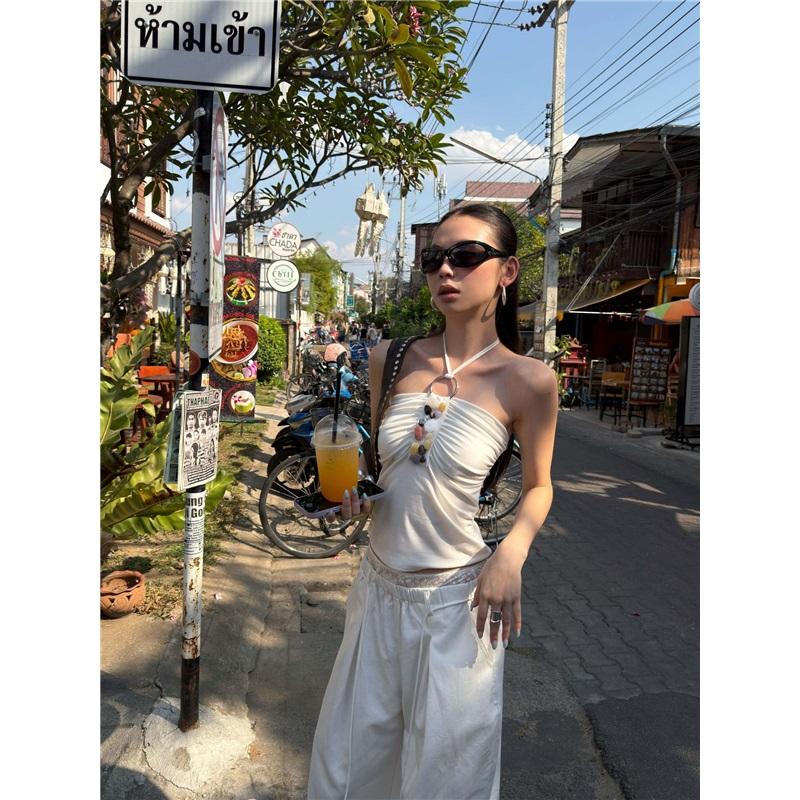 Hand-sewn Beaded Ruched Halter Tie High-stretch Tube Top