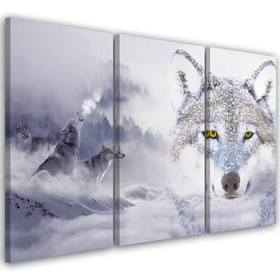 Three Piece Picture Canvas Print Wolf Forest Fog Nature Grey