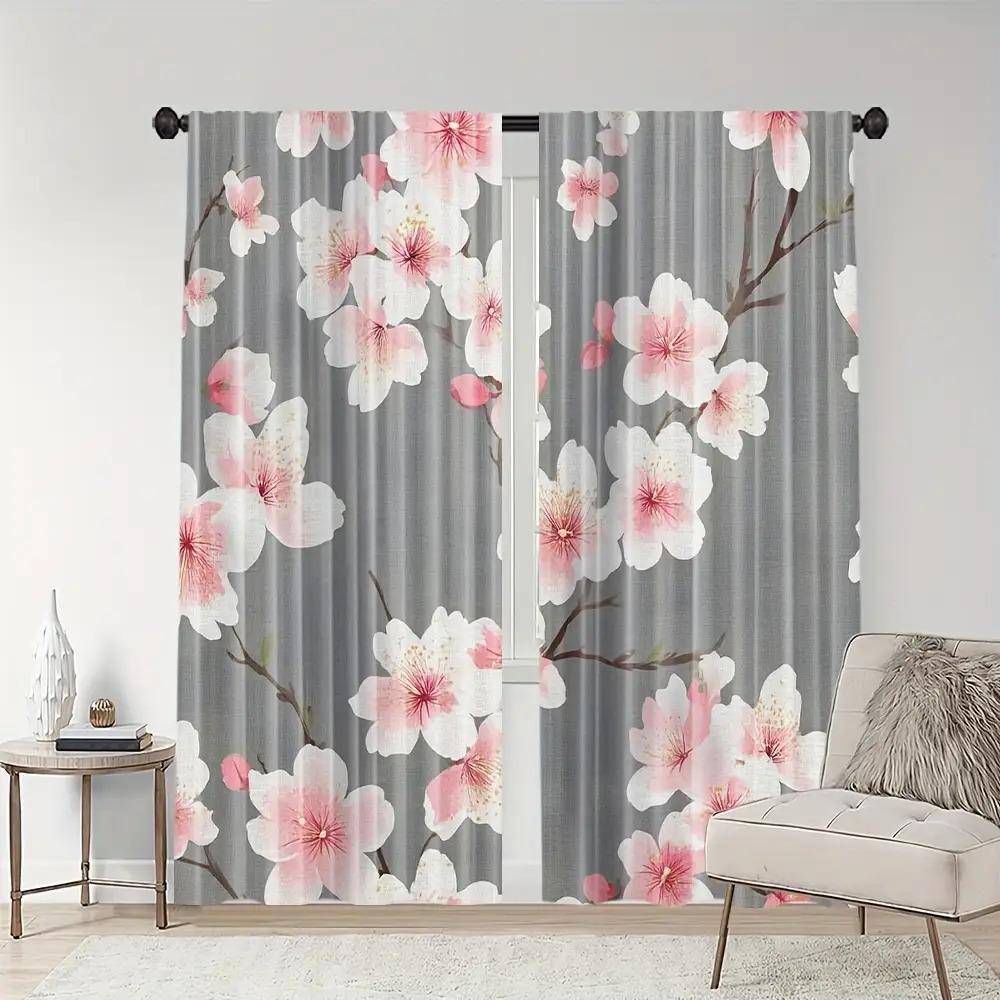 Piece Cherry Blossom Pattern Curtains Polyester Fabric Suitable Bedroom Living Room Decoration Curtain Made Of Washable Area Ready