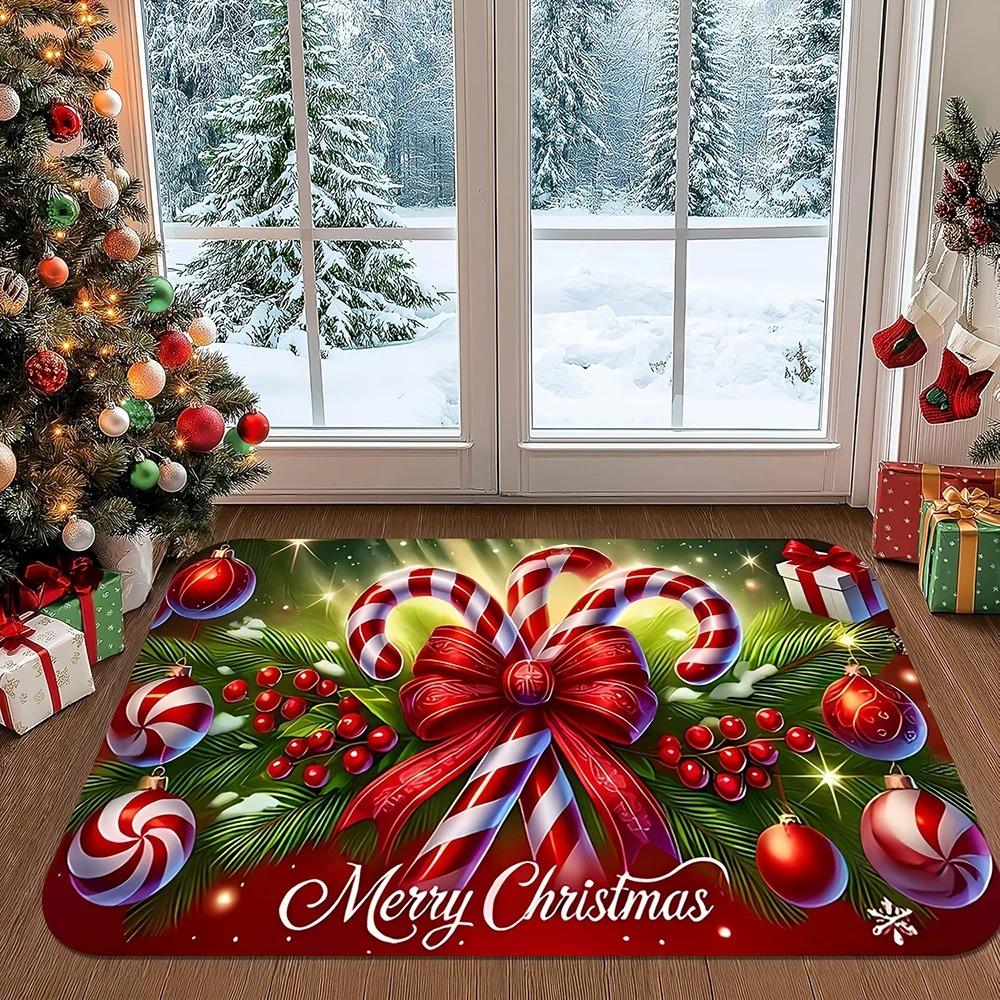 1pc Merry Christmas Candy Cane Welcome Mat - Indoor & Outdoor Winter Door Mat for Front & Rear Entry 30x50cm