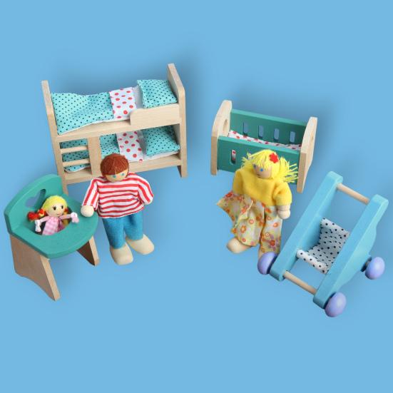 Wooden Doll House Furniture Baby Room Set Miniature Models DIY Assembled Toys with Chair Bed Stroller