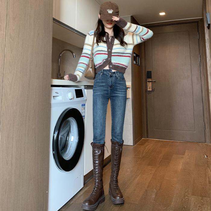 Kleine Hose Damen Herbst Hochtaillierte Jeans Damen Herbst und Winter Hoch und Schlank Figurbetont Elastische Bleistifthose