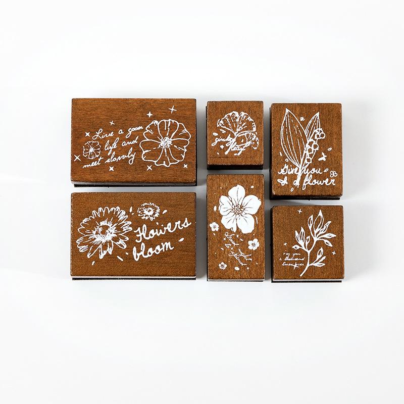 

6pcs Seal Set Match Box Packaging Lotus Wood Material for Handbook Collage DIY Greeting Card Gift Packaging Study Notes
