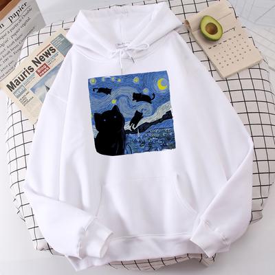 Bluzy z kapturem Starry Cat Night Printing Men Autumn Oversize Hoodie Fashion Fleece Bluzy Casual S-Xxl Pullover Tops