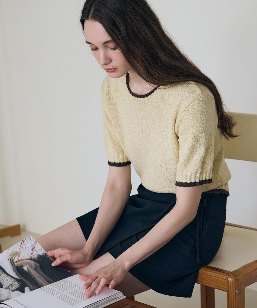 Deuloupisumeon Line Color Block Boucle Short Sleeve Knit [L.Beige]