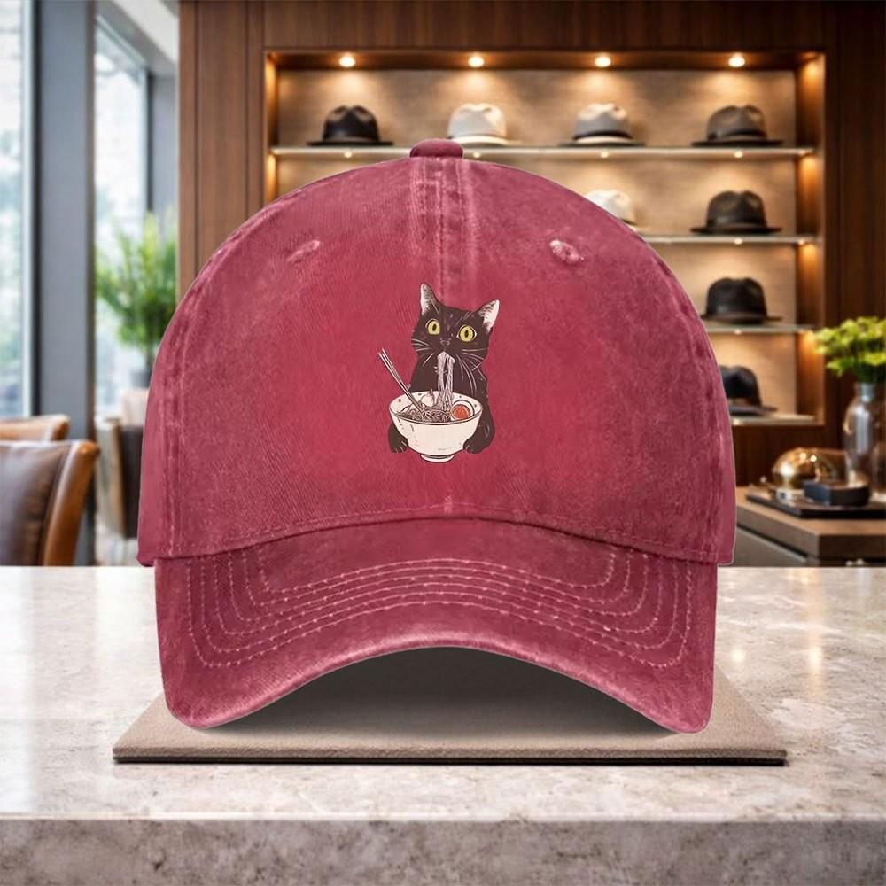 Black Cat Eating Ramen Baseball Cap Unisex Casual Cotton Adjustable Graphic Print Hat
