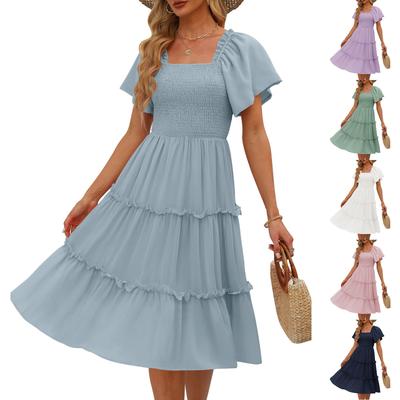 Women's Fashion Solid Color Chiffon Butterfly Short Sleeve Square Neck Pleated Dresses