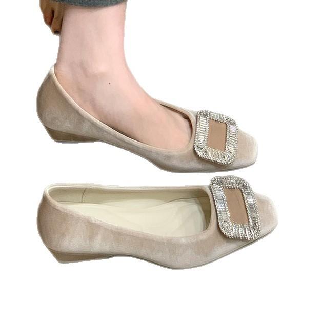 French square buckle rhinestone wedge heels 22 spring and autumn new commuter velvet square head high heels